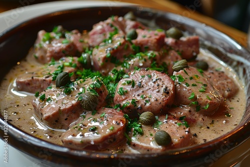 Vitello Tonnato: Thin slices of veal with a creamy tuna sauce, garnished with capers and parsley. 