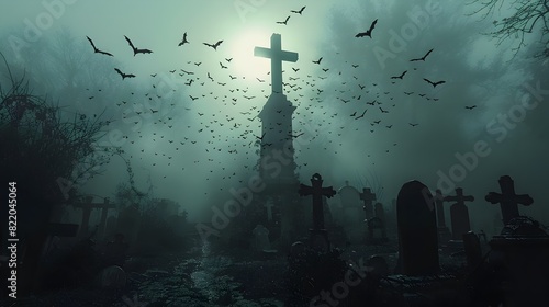 Halloween Night Bats Flocking around a Creepy Old Cemetery