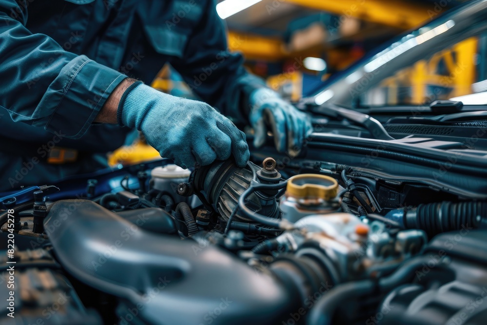 Mechanic at work in auto repair shop, fixing car engine Mechanic at work in auto repair shop, fixing car engine