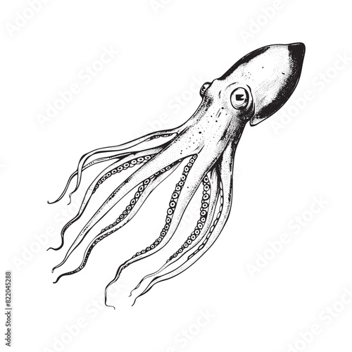 Black and white squid vintage ink drawing vector illustration for t-shirt design