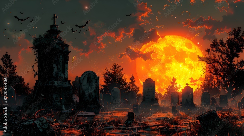 Halloween Night Celebrated with Spooky in a Haunted Graveyard