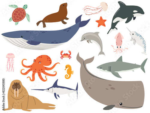 Set with hand drawn sea life elements. Vector cartoon set of sea animals objects for your design. Cartoon hand drawn style.