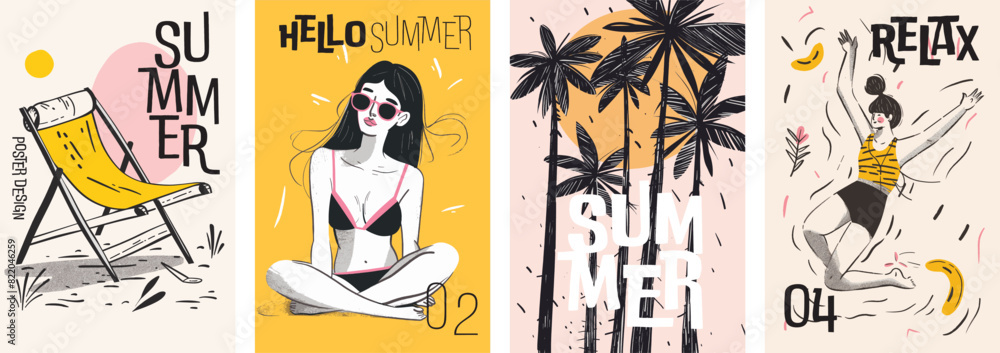 Collection of minimal summer poster cover designs. Summer vacation background