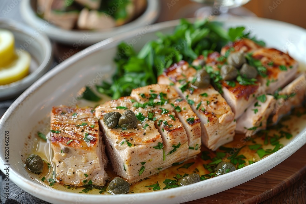 Vitello Tonnato: Thin slices of veal with a creamy tuna sauce, garnished with capers and parsley. Vitello Tonnato: Thin slices of veal with a creamy tuna sauce, garnished with capers and parsley.