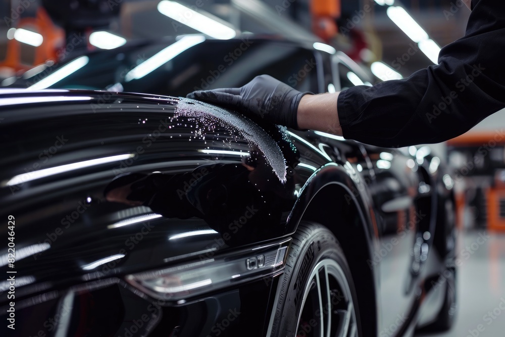 Close up of a auto body mechanic buffing a scratch on sports car Close up of a auto body mechanic buffing a scratch on sports car