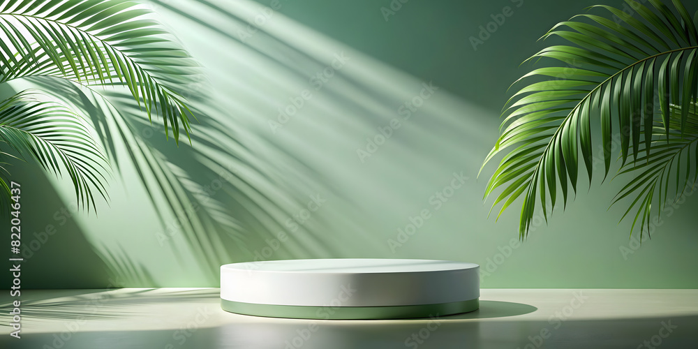 Minimal abstract background for cosmetic product presentation. Podium with the shadow of tropical palm leaves on a green wall and a gray table. Minimal abstract background for cosmetic product presentation. Podium with the shadow of tropical palm leaves on a green wall and a gray table.