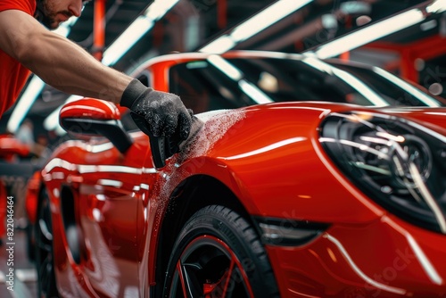 Close up of a auto body mechanic buffing a scratch on sports car