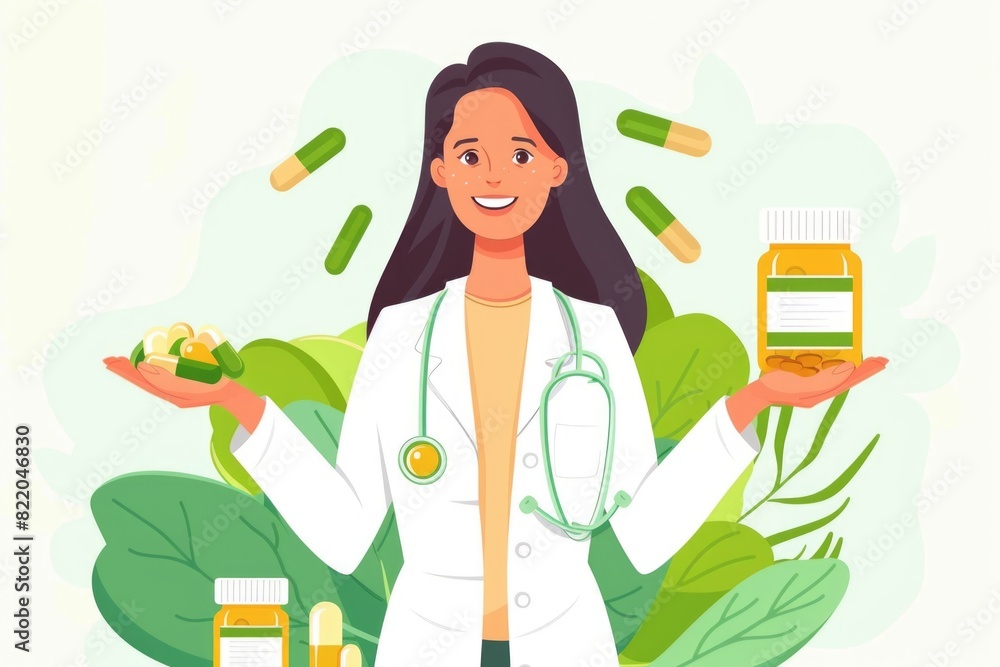 Woman in lab coat holding medication, suitable for medical concepts Woman in lab coat holding medication, suitable for medical concepts