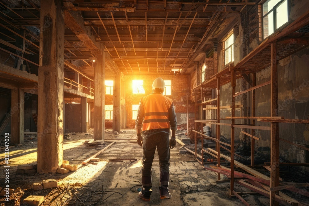 House improvement concept. Rear view of man construction worker looking away.