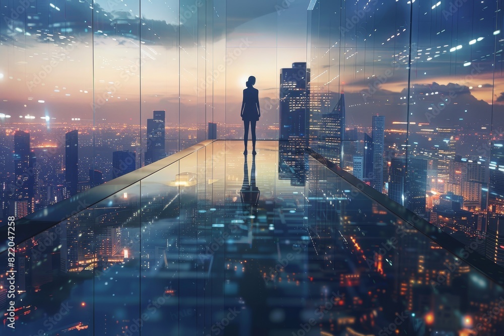 Birds-eye view, close-up of a person standing on a glass rooftop, rear view, reflecting city skyline at dusk, dynamic lighting and reflections, high-definition CG 3D rendering Birds-eye view, close-up of a person standing on a glass rooftop, rear view, reflecting city skyline at dusk, dynamic lighting and reflections, high-definition CG 3D rendering