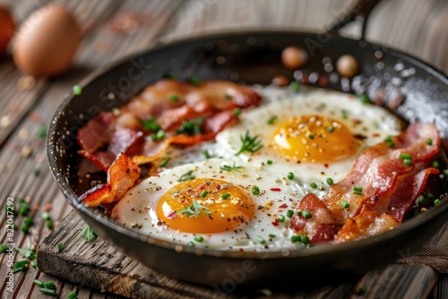 Tasty breakfast with eggs and bacon.