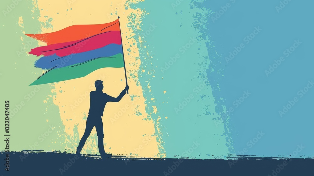 Minimalistic 2D vector cartoon of an LGBTQ person waving a pride flag ...