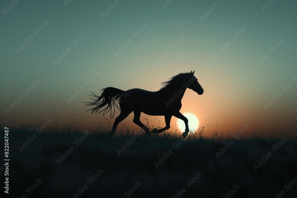 Majestic horse running across field at sunset. Perfect for nature and animal themes Majestic horse running across field at sunset. Perfect for nature and animal themes