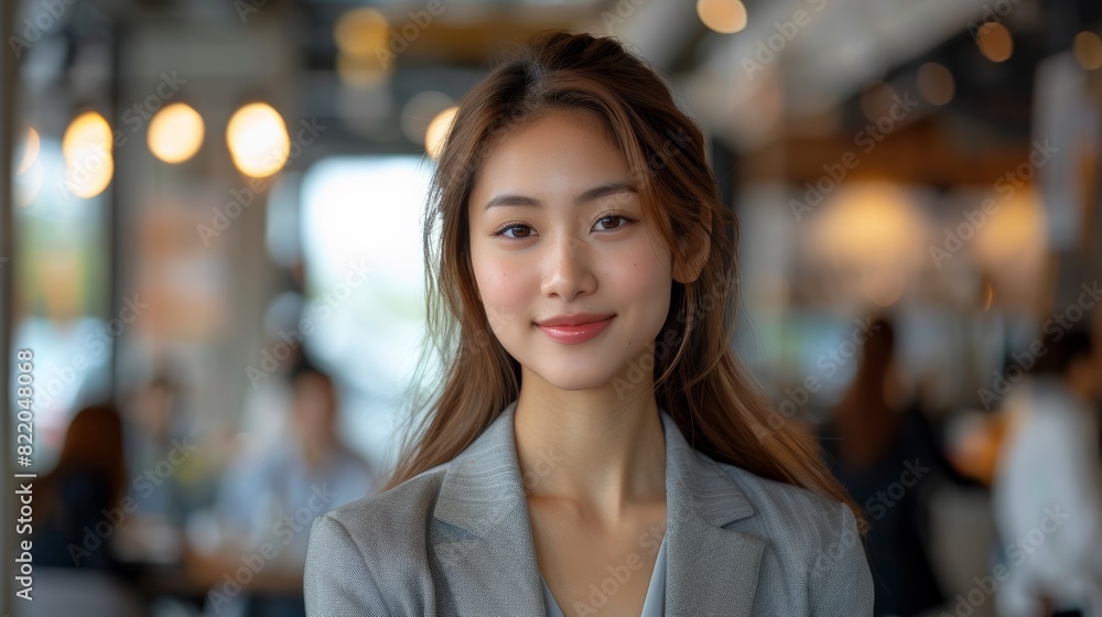 Obraz premium A young, happy businesswoman in a modern office, a beautiful manager, adorned with a smile, immersed in her work at the workplace. Generative AI.