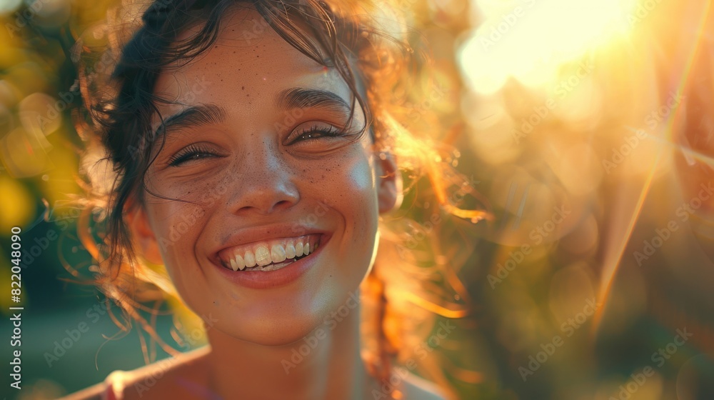A woman smiling and making eye contact with the camera, suitable for a variety of concepts and projects A woman smiling and making eye contact with the camera, suitable for a variety of concepts and projects