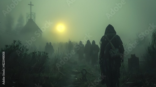 Halloween Night Zombie Horde Lurking in FogShrouded Graveyard