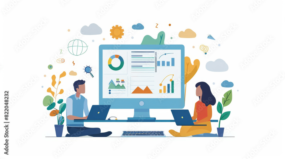 Illustration of two people working on laptops analyzing data and charts on a large screen, surrounded by plants. Illustration of two people working on laptops analyzing data and charts on a large screen, surrounded by plants.
