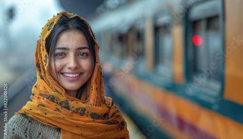 young indian woman standing on train platform