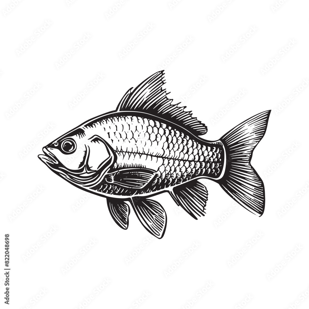 Fototapeta premium black and white hand drawn illustration of fish isolated on white.