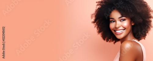 Coral background Happy black independant powerful Woman realistic person portrait of young beautiful Smiling girl Isolated on Background ethnic diversity equality acceptance