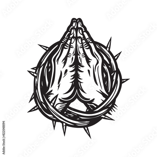 The pray hands with. Black white vector illustration.