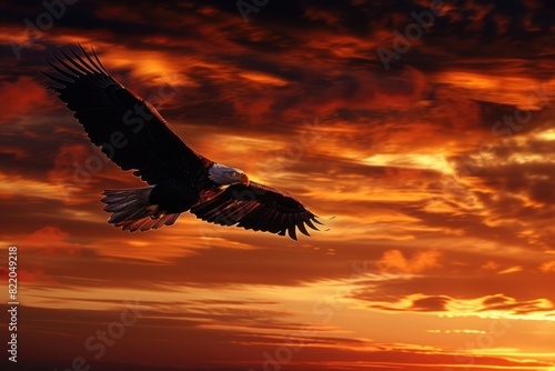 Majestic eagle soaring in the colorful sunset sky. Suitable for nature and wildlife themes © Fotograf