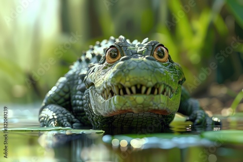 Close up of a toy alligator in a body of water  suitable for children s educational materials