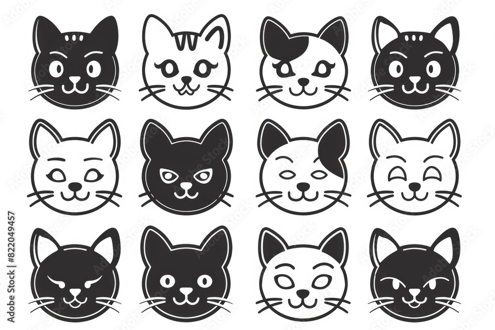 Obraz premium A set of nine black and white cat faces. Suitable for various design projects