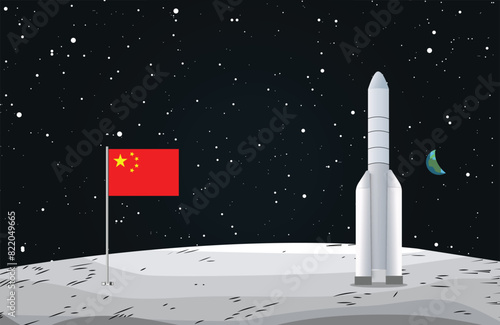 Chinese rocket standing on the moon with China flag vector. Chinese flag was raised on the lunar surface