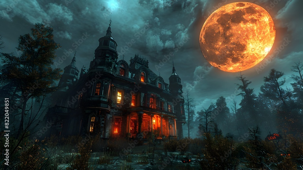 Halloweens Haunting Grip A Full Moon Illuminates a Creepy Haunted House Halloweens Haunting Grip A Full Moon Illuminates a Creepy Haunted House