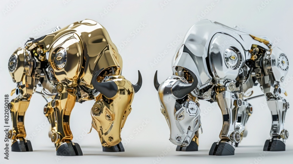 Golden and silver buffalo robot on white Golden and silver buffalo robot on white
