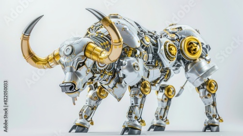 Golden and silver buffalo robot on white photo