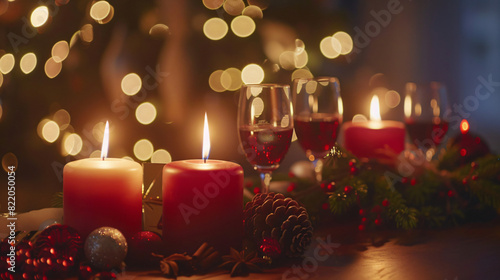Christmas celebration. Burning candles glasses and fes