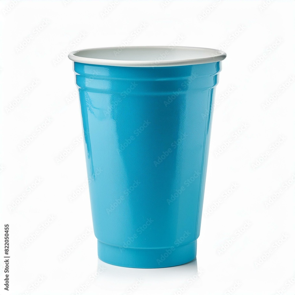 Empty new cyan plastic cup, disposable, isolated on white, clipping path, side view Empty new cyan plastic cup, disposable, isolated on white, clipping path, side view