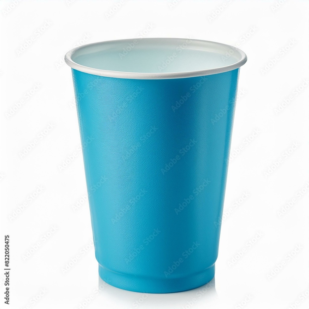 Empty new cyan plastic cup, disposable, isolated on white, clipping path, side view Empty new cyan plastic cup, disposable, isolated on white, clipping path, side view
