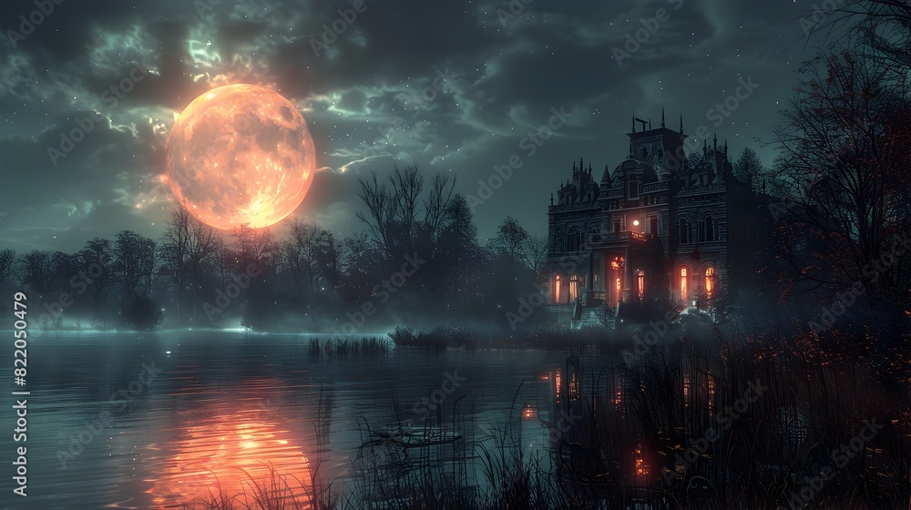 Fototapeta premium Haunted Mansion in Moonlight A Halloween Night Spell