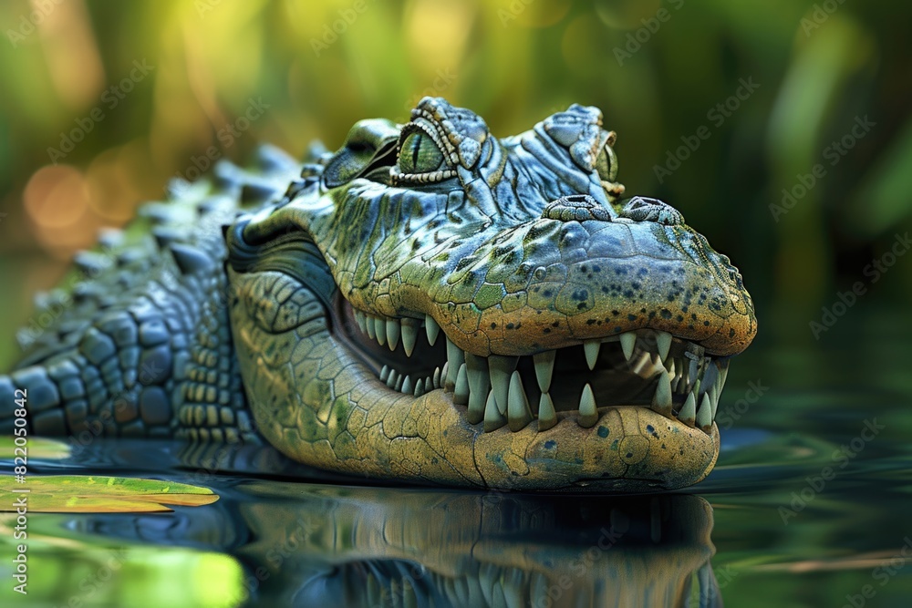 Obraz premium A detailed view of an alligator's head in a body of water. Suitable for nature and wildlife themes