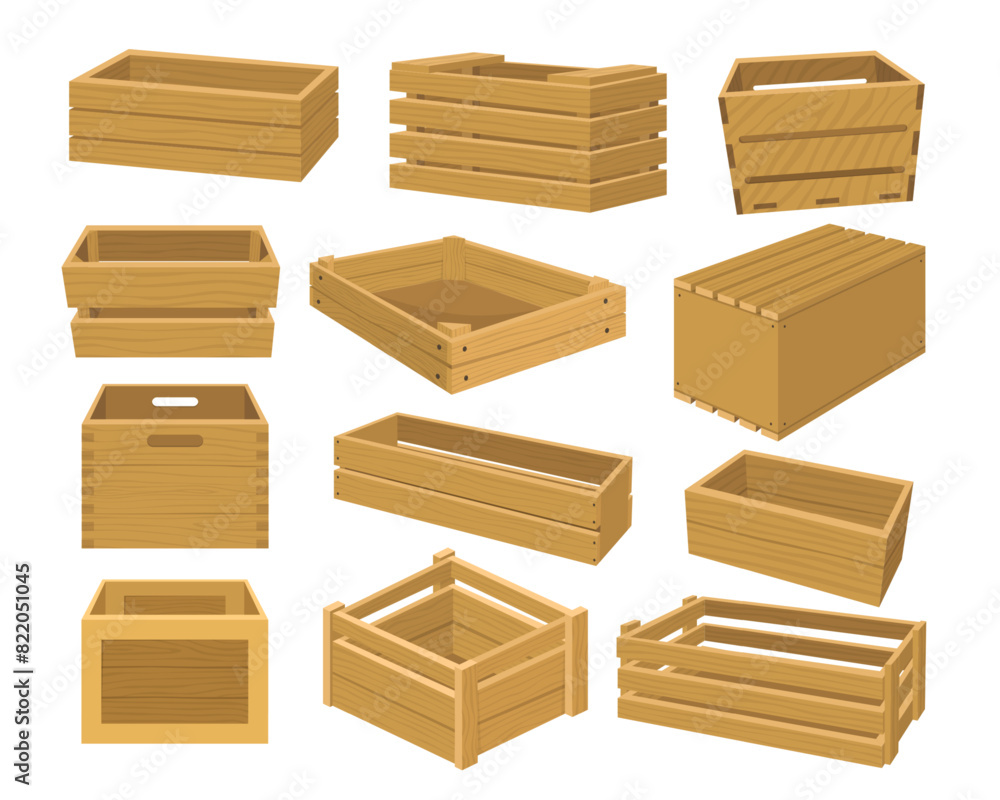 Cartoon wooden containers. Delivery containers, empty wood boxes and parcels, packed shipping crates isolated vector illustration set. Cartoon wooden containers. Delivery containers, empty wood boxes and parcels, packed shipping crates isolated vector illustration set.