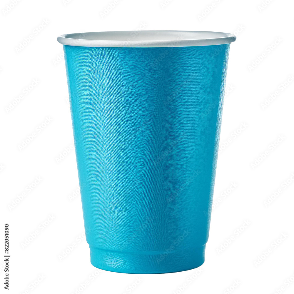 Empty new cyan plastic cup, disposable, isolated on white, clipping path, side view Empty new cyan plastic cup, disposable, isolated on white, clipping path, side view