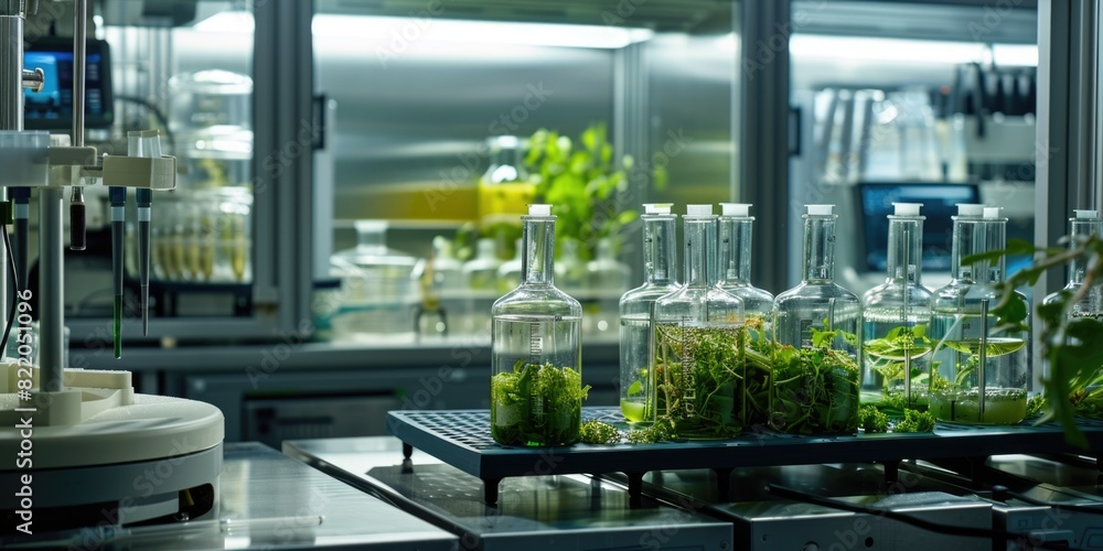 Glass bottles filled with various green plants, ideal for eco-friendly and nature-themed designs Glass bottles filled with various green plants, ideal for eco-friendly and nature-themed designs