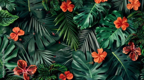 Bold tropical pattern background with lush greenery and exotic motifs  reminiscent of a tropical paradise.