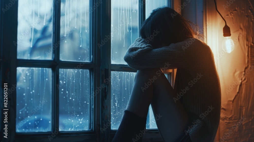 A woman sitting in front of a window during a rainy day. Suitable for various lifestyle and weather-related concepts