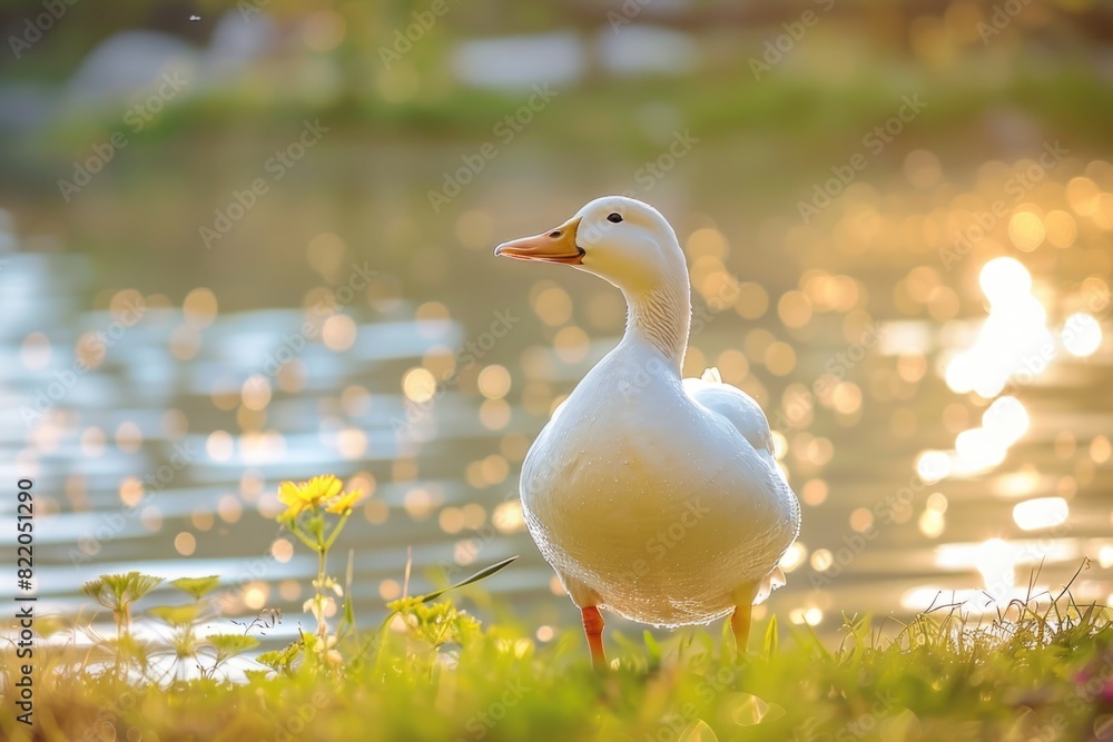 Obraz premium A white duck standing by a body of water. Suitable for nature-themed designs
