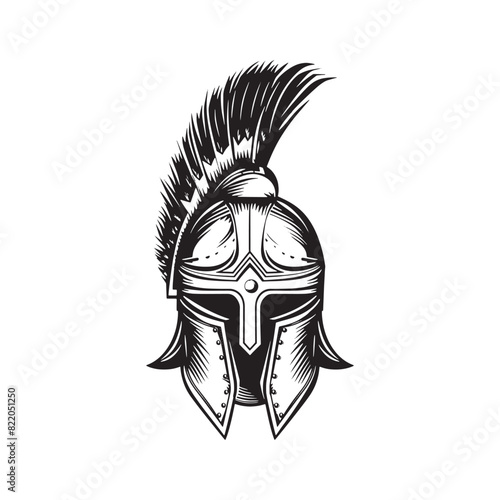 Black and white gladiator helmet vintage ink drawing vector illustration for t-shirt design