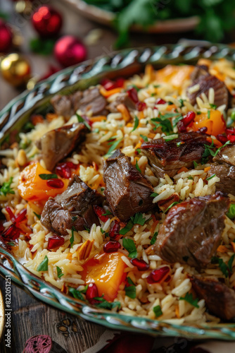 Lamb Pilaf Close-Up Platter., Eid feast, Islamic celebration, Family feast.