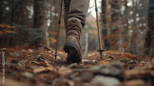 A close-up of a person walking in the woods. Suitable for nature or hiking themes