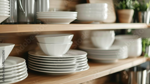 Clean plates and bowls on shelves in cabinet indoors -