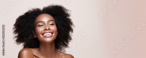 Cream background Happy black independant powerful Woman Portrait of young beautiful Smiling girl good mood Isolated on Background Skin Care Face Beauty Product 