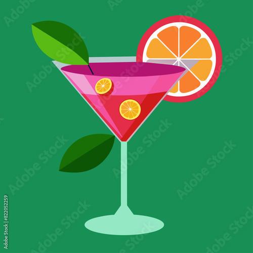 Cosmopolitan cocktail in a martini glass with orange slice. Vector illustration for design and print.