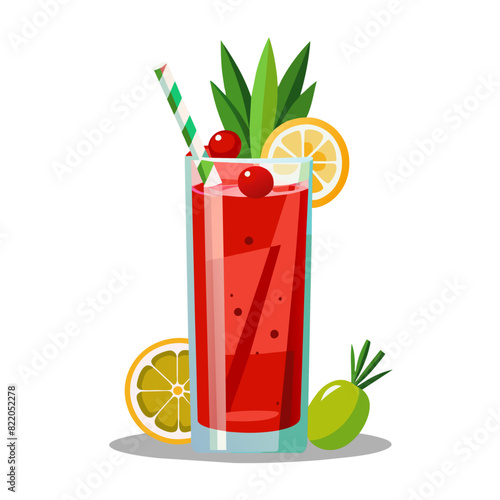 Bloody Mary cocktail in a highball glass with celery, cherry, and lime wedge. Vector illustration for design and print.